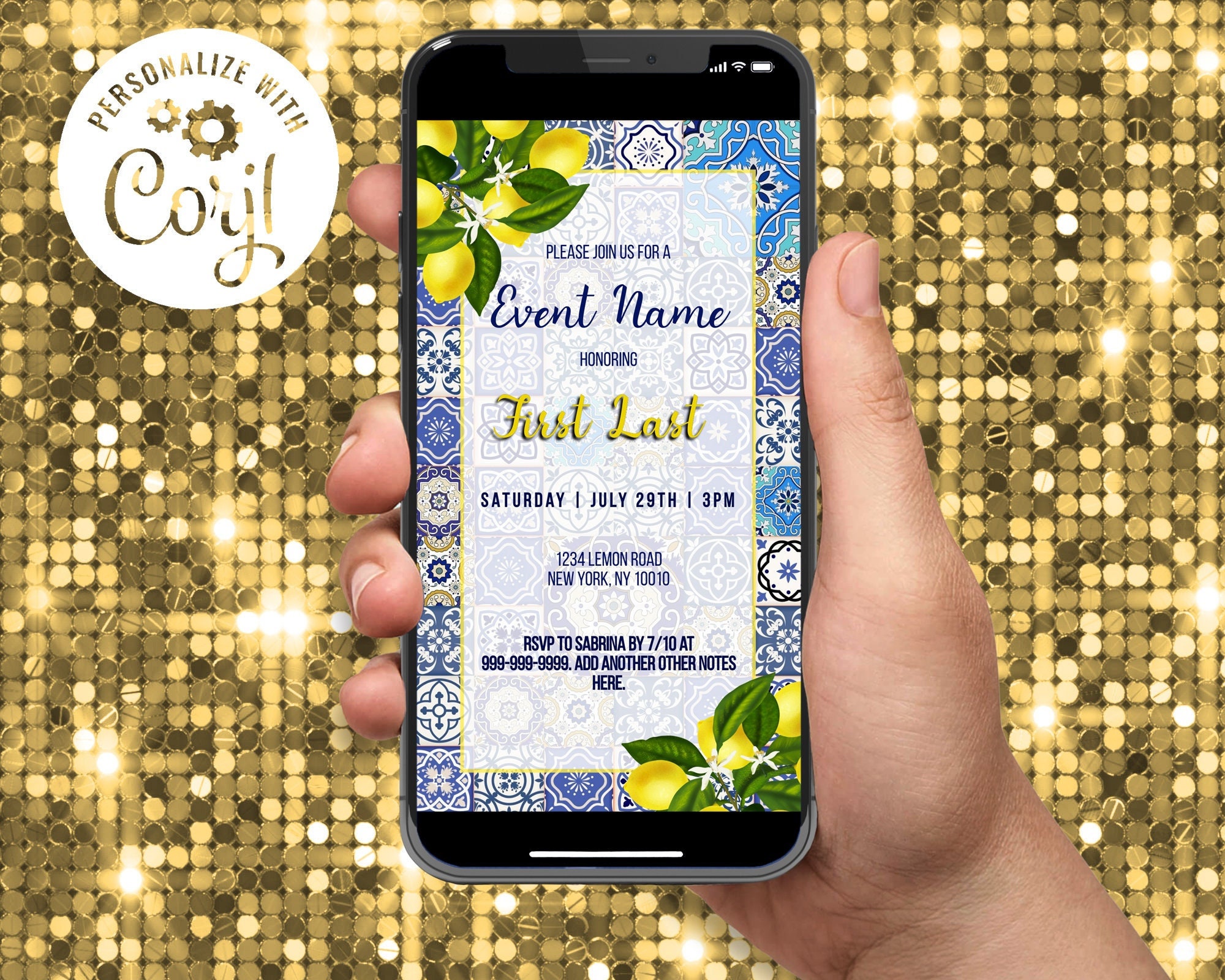 Lemon theme Digital Invitation Template Blue Mediterranean Etsy