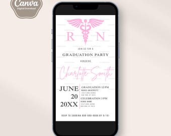 Pink Registered Nurse Graduation Invitation, RN Invitation Template, Medical, Editable Text, Graduation Party Brunch, Mobile, Canva Template