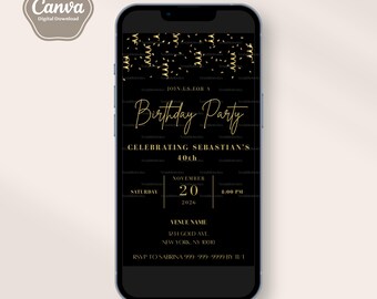 Plantilla de invitación de cumpleaños en negro y dorado, invitación de cumpleaños para hombre, invitación electrónica moderna en negro, texto editable para celular, archivo digital