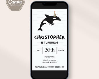 Orca Whale Birthday Invitation, Killer Whale Theme Invitation Template, Editable Text, Mobile, Evite, Kid's Birthday, Canva Template
