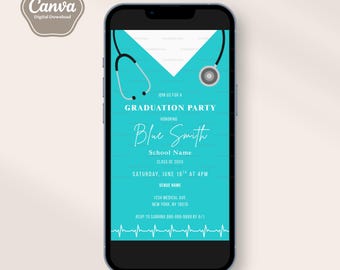 Medical Graduation Invitation, Registered Nurse, Nurse Practitioner, Doctor, Scrubs, Stethoscope, Editable Template, Canva Template