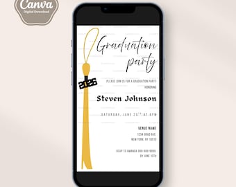 卒業式招待状テンプレート、デジタル招待状、卒業パーティー、シニア、Canva、ミニマルな招待状、男性、男の子、デジタルダウンロードファイル