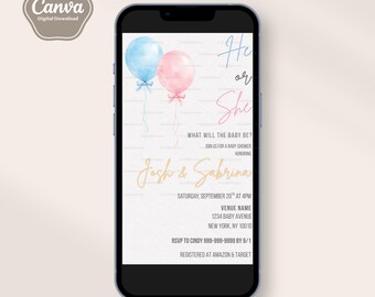 Gender Reveal Invitation Template, Pink and Blue Watercolor Balloons, Baby Shower, Editable Text, Mobile, Evite, He or She, Canva Template