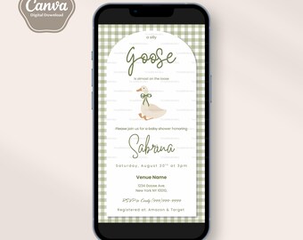おかしなガチョウのベビーシャワー招待状、Eviteテンプレート、逃げ出したガチョウ、セージグリーン、ジェンダーニュートラル、デジタルダウンロードファイル