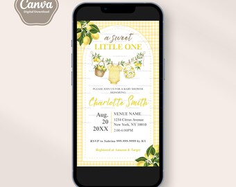 Lemon-Themed Baby Shower Invitation, Citrus Baby Shower, Invitation Template, Editable Text, Mobile Evite, Summer Garden, Neutral,Canva File
