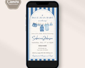 Blue Jean Baby Shower Invitation, Denim Baby Shower Evite, Western, Watercolor Baby Clothes, Boy Baby Shower, Canva Template, Mobile Text