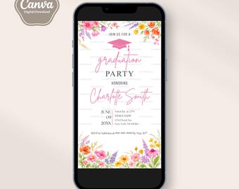 Floral Graduation Invitation, Watercolor Flowers Graduation Evite, Pink, Boho, Garden, Editable Text, Mobile, Text, Evite, Canva Template