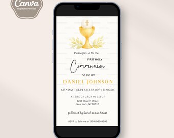 Plantilla de invitación para Primera Comunión, invitación digital, cáliz, acuarela, niño, invitación digital editable por texto para teléfono, descarga digital