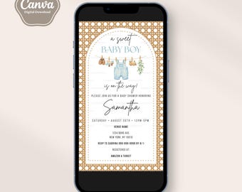 Boho Baby Shower Invitation Template, Boy Baby Shower, Neutral, Hanging Clothes, Rattan Background, Boho Arch, Editable Evite,Text,Cellphone