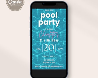Pool Party Invitation, Beach Party Editable Template, Summer, Kid's, Adult, Canva Template