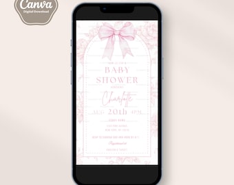 Pink Floral Baby Shower Invitation Template, Pink Toile, Chinoiserie, Boho, Watercolor Coquette Bow, Girl, Cottage, Canva, Digital Download