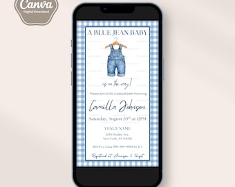 Blue Jean Baby Shower Invitation Template, Denim Theme Baby Shower, Baby Boy, Western, Baby Sprinkle, Text Mobile Evite, Boho, Neutral,Canva
