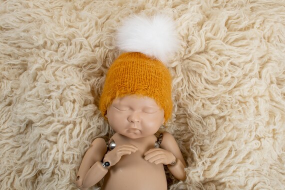 Mustard Yellow NEWBORN Fluffy Pompom Hat