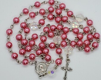 Bright Pink Pearl and Clear Crystal Catholic Rosary (silver looped chain)