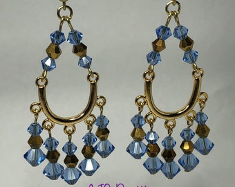 Light Blue and Gold Curved Chandelier Earrings