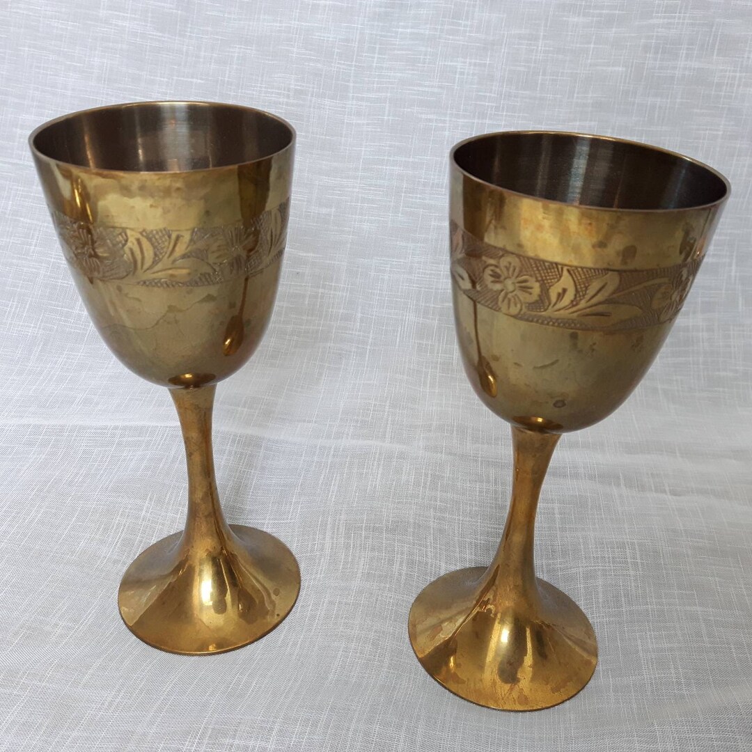 Etched Brass Wine Goblets, Retro Decor Cups, Brass Stemware Table