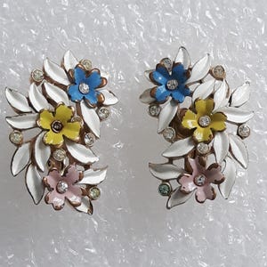 Crown Trifari Fleurette Earrings, Pastel Enamel Rhinestone Flower Clip Earrings