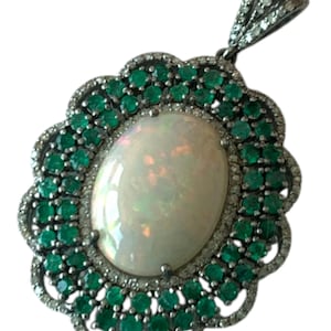 Natural Emerald and Opal Diamond Designer Pendant set in Sterling Silver , Drop Charm Pendant, Handmade Pendant, Emerald Necklace.