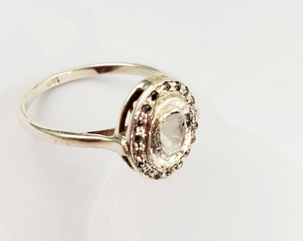 Rose Cut Diamond Sterling Silver Ring, Victorian Halo Engagement Ring