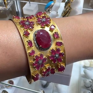 Ruby and Diamond Bracelet, Sterling Silver Cuff, Rose cut Diamond bangle ,Wedding Gift.