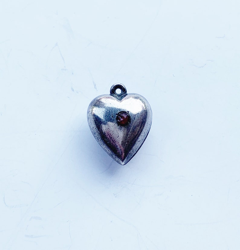 Vintage Sterling Extra Puffy Heart Charm with Red Rhinestone