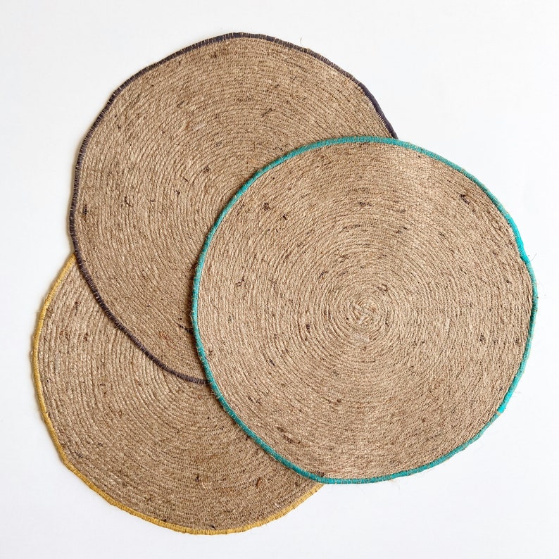 Placemats Jute Placemats with Teal trim Round placemats | Etsy