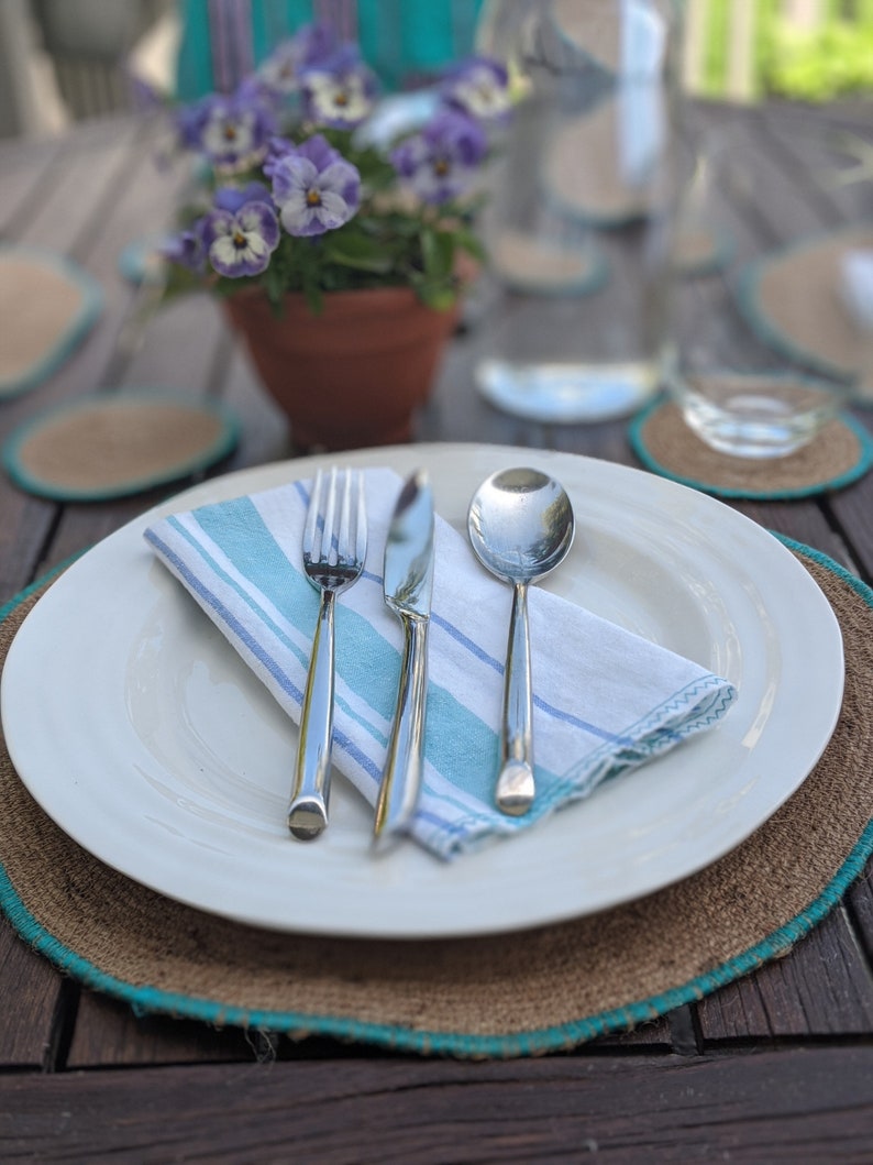 Placemats Jute Placemats with Teal trim Round placemats | Etsy