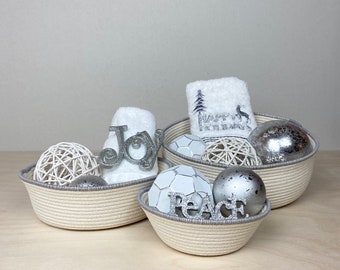 Nest of 3 decorative cotton rope bowls with silver trim for the home