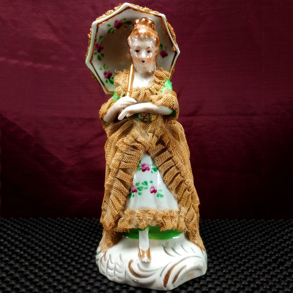 Vintage Dresden Style Lady Figurine, Lady with Parasol Figure, Made in Japan