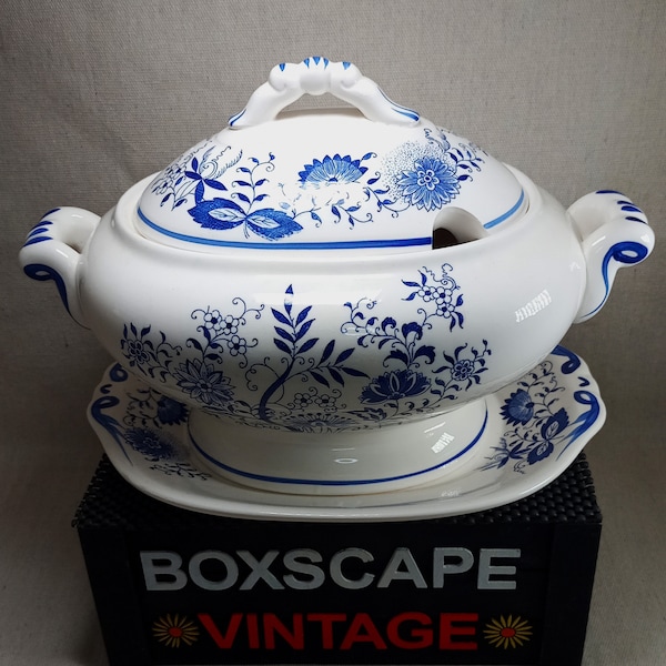 Vintage Blue and White Soup Tureen with Lid and Underplate, Blue Floral Soup Server, Vintage Serving Dish