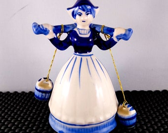 Figurine vintage bleu de Delft, cloche de servante, cloche vintage bleu de Delft, cloche de Delft peinte à la main, fille hollandaise de Delft bleu et blanc