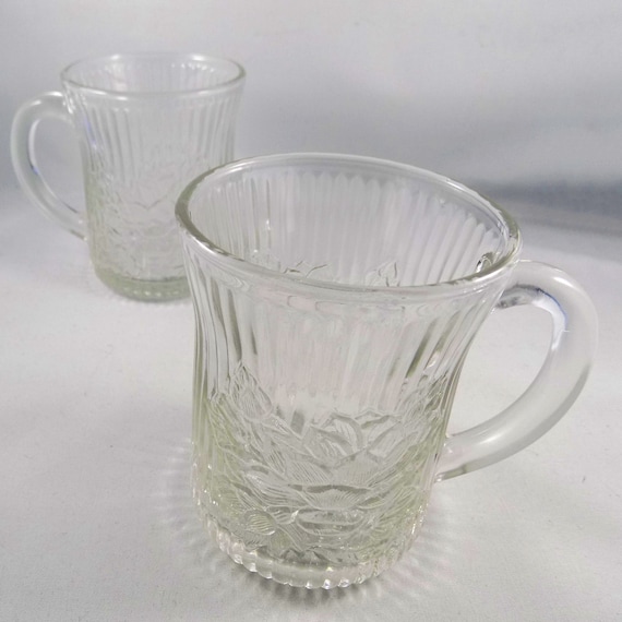 Vintage KIG Clear Glass Coffee Mugs, Pressed Glass Mugs, Tea Mugs, Set of  Two, Floral Design 