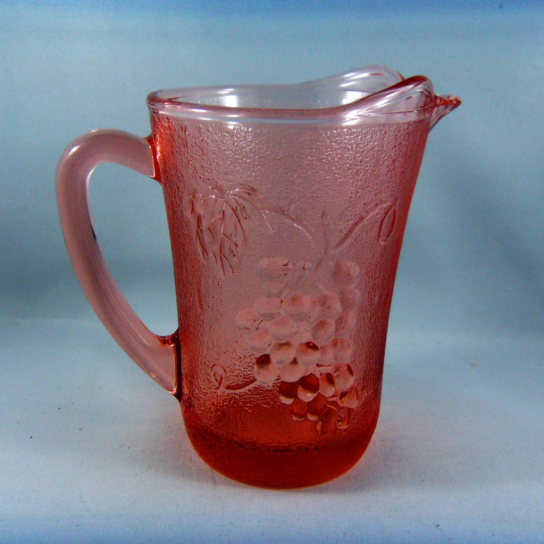 Vintage Pink Glass Milk Jug, Grape Vine Pattern, KIG Indonesia Pink