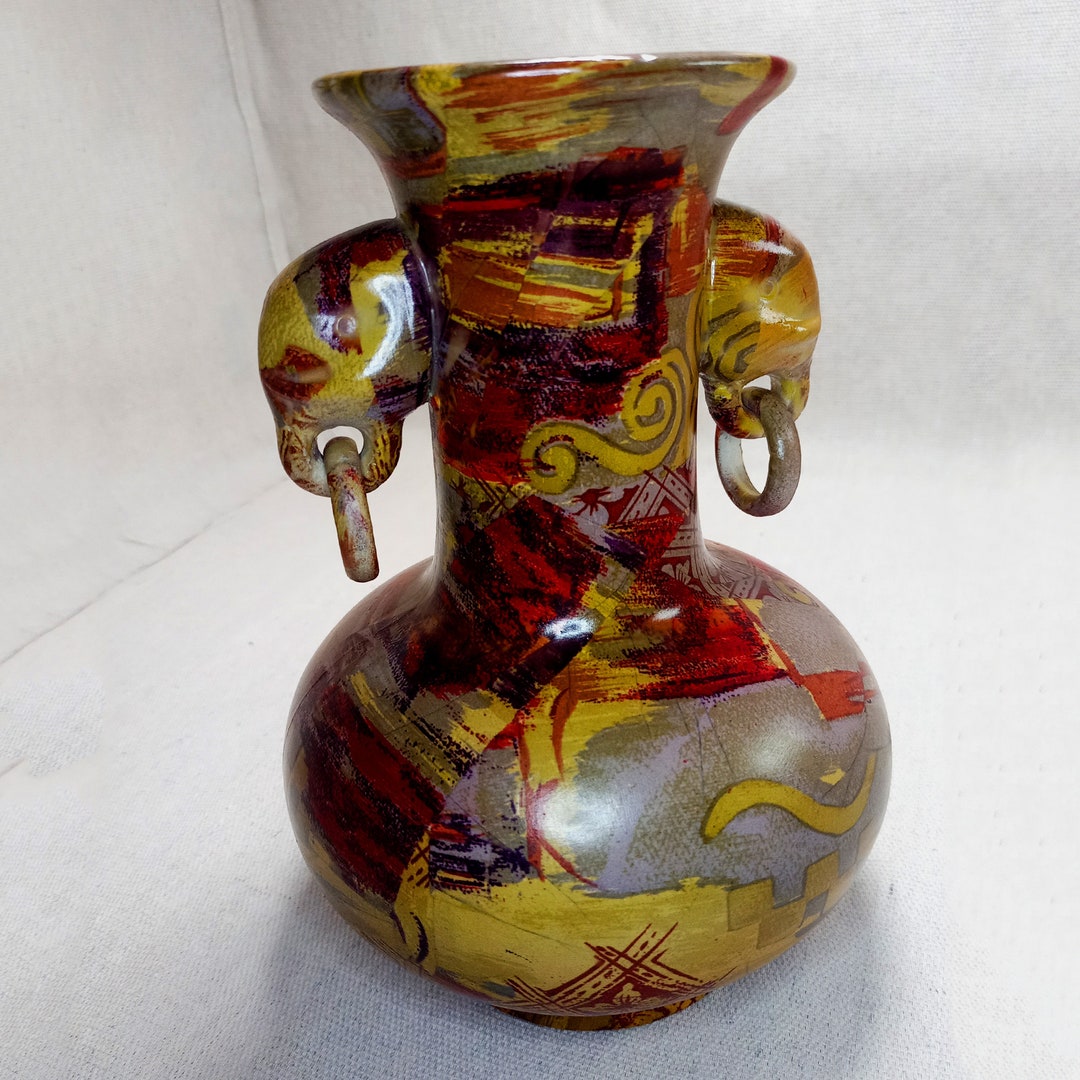 Vintage Vase With Elephant Head Handles, Unique Elephant Vase, Pitcher