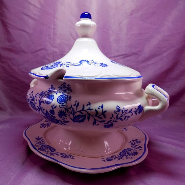 Vintage Blue and White Soup Tureen with Lid and Underplate, Blue Floral Soup Server, Vintage Serving Dish