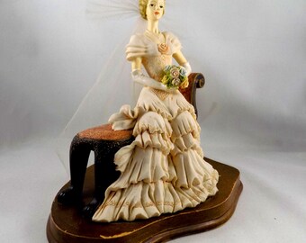 Vintage Ceramic Bride Figurine on Wood, Ceramic Bride Ornament with Veil