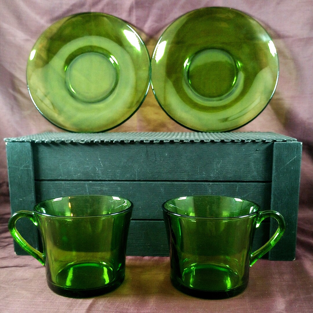 Vintage Duralex Glass Cups and Saucers Green Glass Coffee Etsy