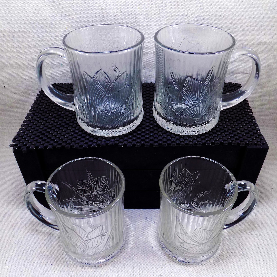 Vintage Clear Glass Coffee Mugs, Pressed Glass Mugs, Set of Four, Floral  Design, Pasari Indonesia 