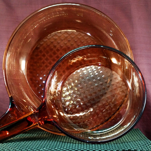 Vintage Corning Ware Visions Skillets, Set of Two Brown Glass Frying Pans, French Glass Corning Ware Cookware