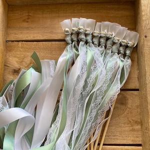 50 Wedding Wands, Party Streamers, Silver Bells, Satin Ribbons in White and Sage Green with White Lace, Romantic Wedding Send Off for Guests