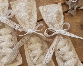 Ivory Cotton & Lace Wedding Favors: Vintage Keepsake with Almonds