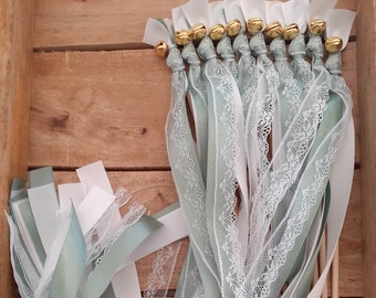 20 Wedding Wands, Party Streamers, Gold Bells, Satin Ribbons in White and Sage Green with White Lace, Romantic Wedding Send Off for Guests