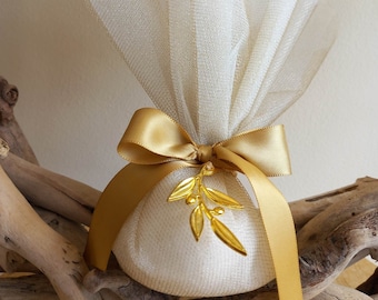 Ivory & Gold Tulle Wedding Favor: Olive Branch Koufeta Bomboniere