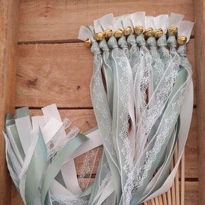 50 Wedding Wands, Party Streamers, Gold Bells, Satin Ribbons in White and Sage Green with White Lace, Romantic Wedding Send Off for Guests