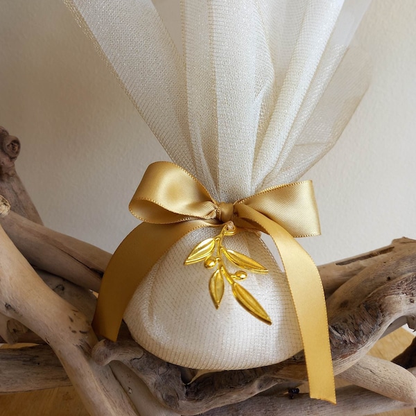 Tulle Wedding Favor with Olive Tree Branch in Ivory and Gold, Koufeta for Greek Orthodox Wedding Bomboniere, Unique Guest Gift