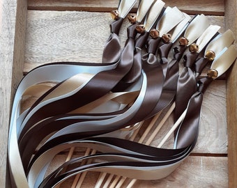 100 Wedding Wands: Gold Bells, Satin Ribbons - White, Gold, Brown
