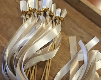 20 Wedding Wands, Party Streamers, Gold Bells, Satin Ribbons in White and Beige, Romantic VintageWedding Send Off for Guests