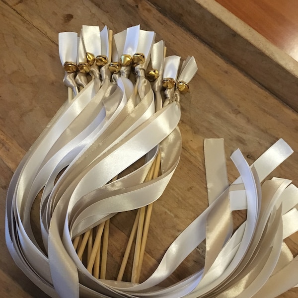 20 Wedding Wands, Party Streamers, Gold Bells, Satin Ribbons in White and Beige, Romantic VintageWedding Send Off for Guests