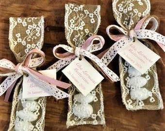 Personalized Romantic Burlap & Lace Wedding Favors for Guests with Tags