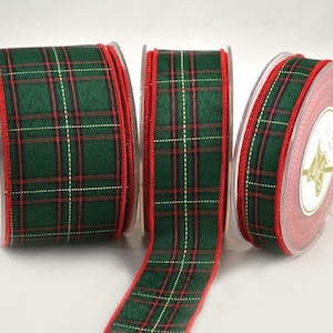 Dark Green Wired Christmas Ribbon, 3 Widths (2.3cm/4.5/6.7cm), Plaid Trim, Elegant Xmas Decoration and Crafts Supply for Wreaths